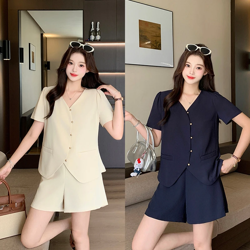2025夏装新款胖mm大码气质不规则短袖短裤西装套装 22599