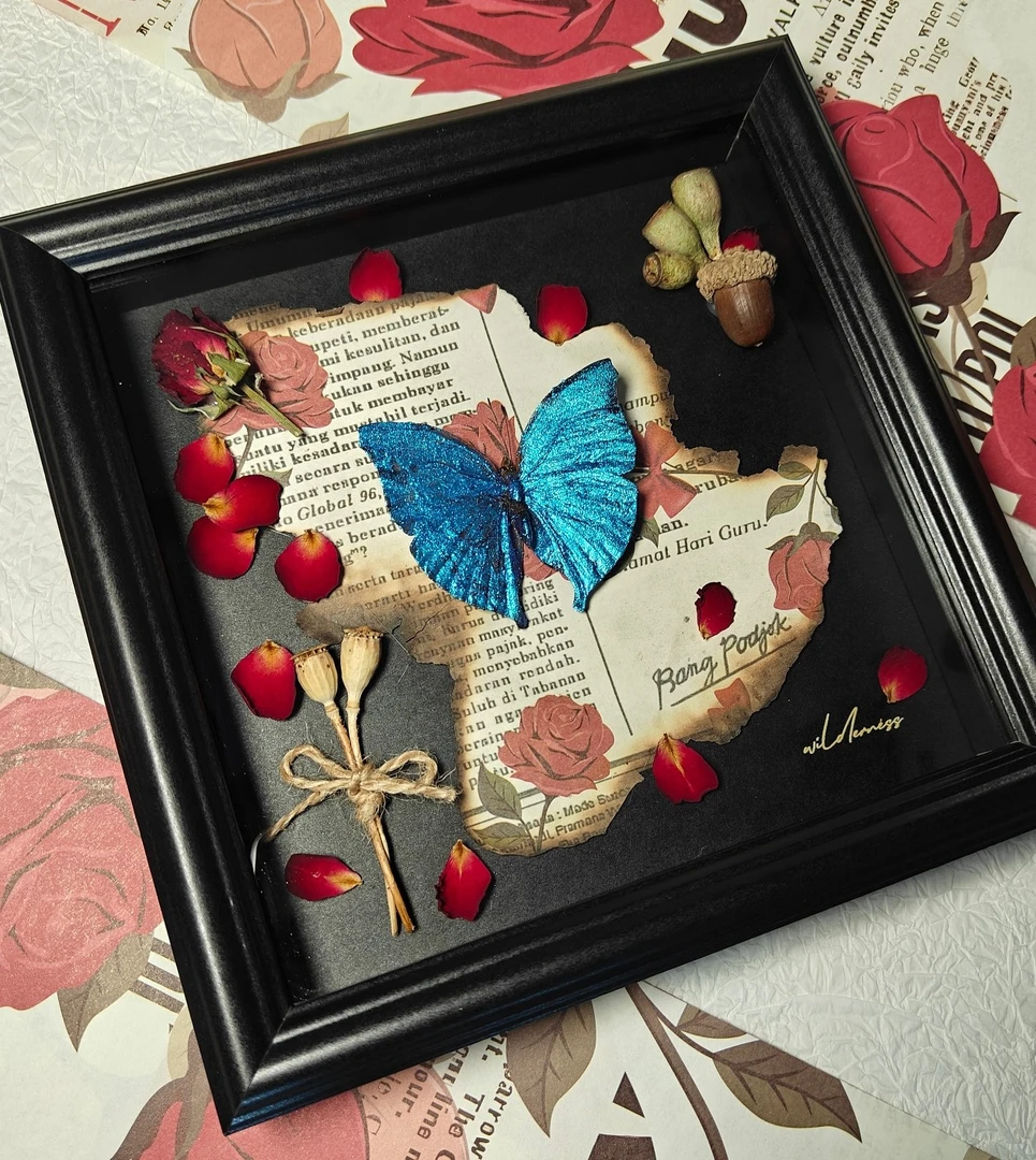 【告白】蝴蝶标本干花方七寸相框玫瑰花瓣背景干果造景矿石粉闪蝶