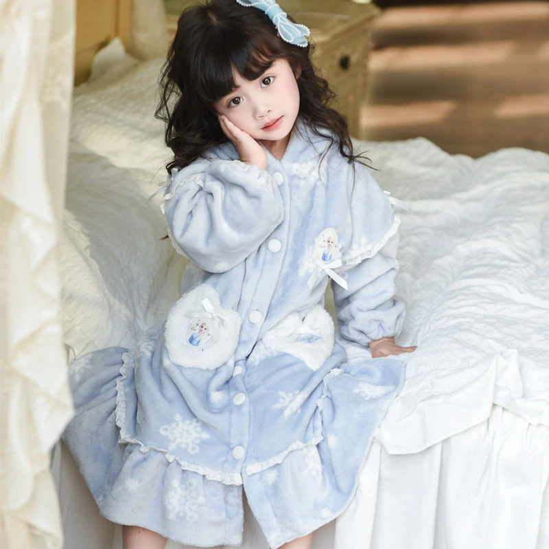 女童爱莎秋冬法兰绒珊瑚绒家居服睡衣套装睡袍爱莎裙子公主可爱风