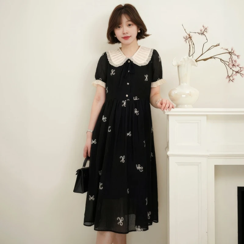 复古风撞色蝴蝶结娃娃领短袖连衣裙女2025夏季大码胖MM显瘦中长裙