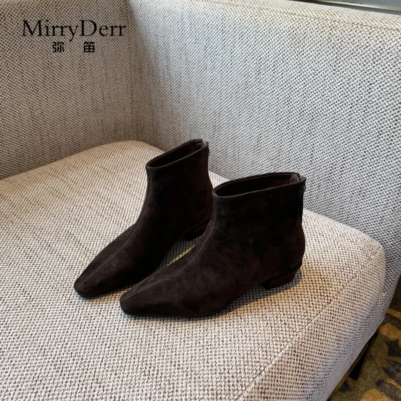 弥笛高定~皮小方头短靴靴子女秋冬百搭3CM低跟后拉链瘦瘦靴踝靴