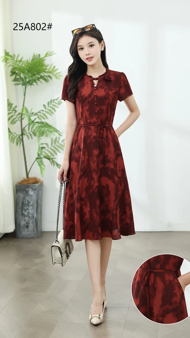 X0612 圆领优雅长裙V领连衣裙法式复古碎花裙子拉链夏季