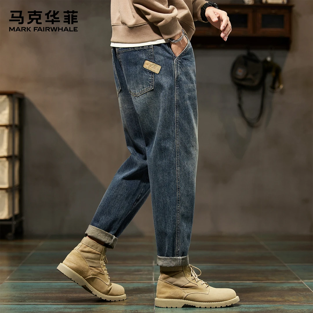 马克华菲复古哈伦牛仔裤男士秋冬季新款加绒保暖百搭潮牌休闲长裤