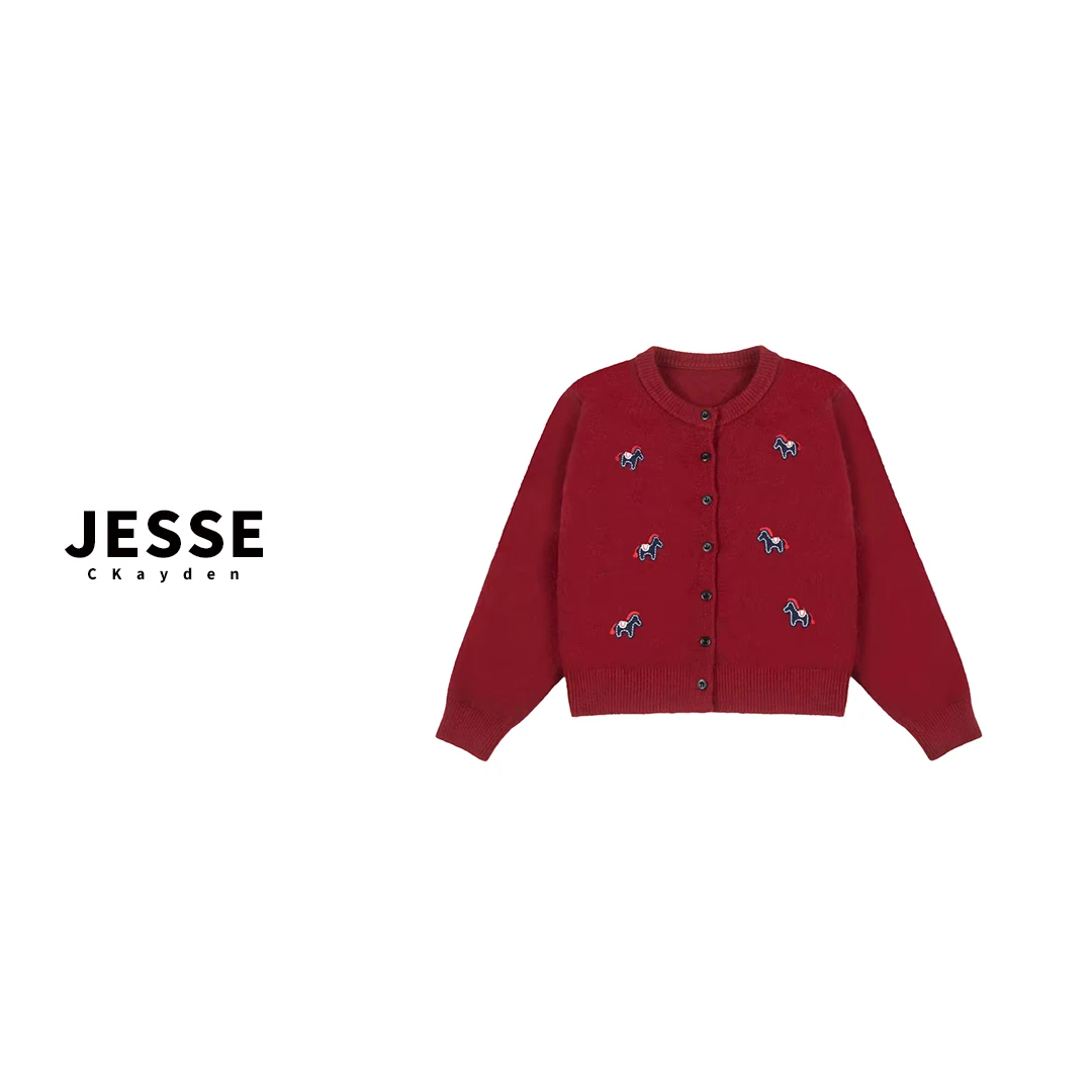 彩色小马时尚秋冬小香气质红色撞色宽松针织衫百搭上衣SS0640