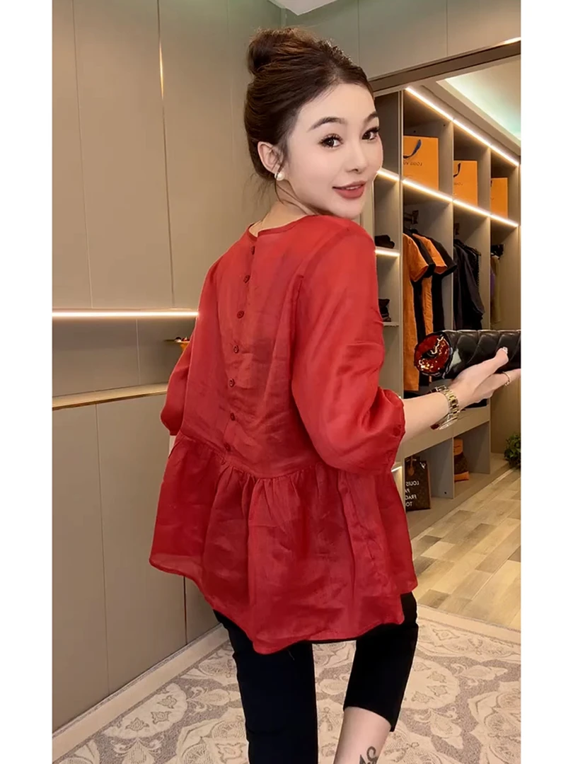 韩系chic减龄独特超好看上衣今年流行多巴胺红色时尚显瘦衬衫女夏