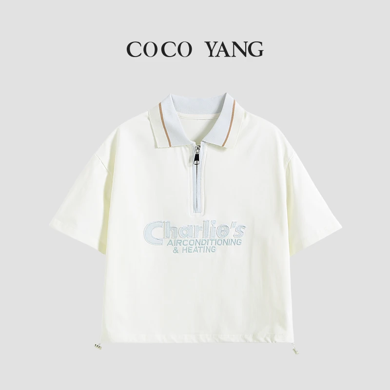 夏季女大童短袖2025新款女童翻领拉链休闲印花女童T恤-SU056