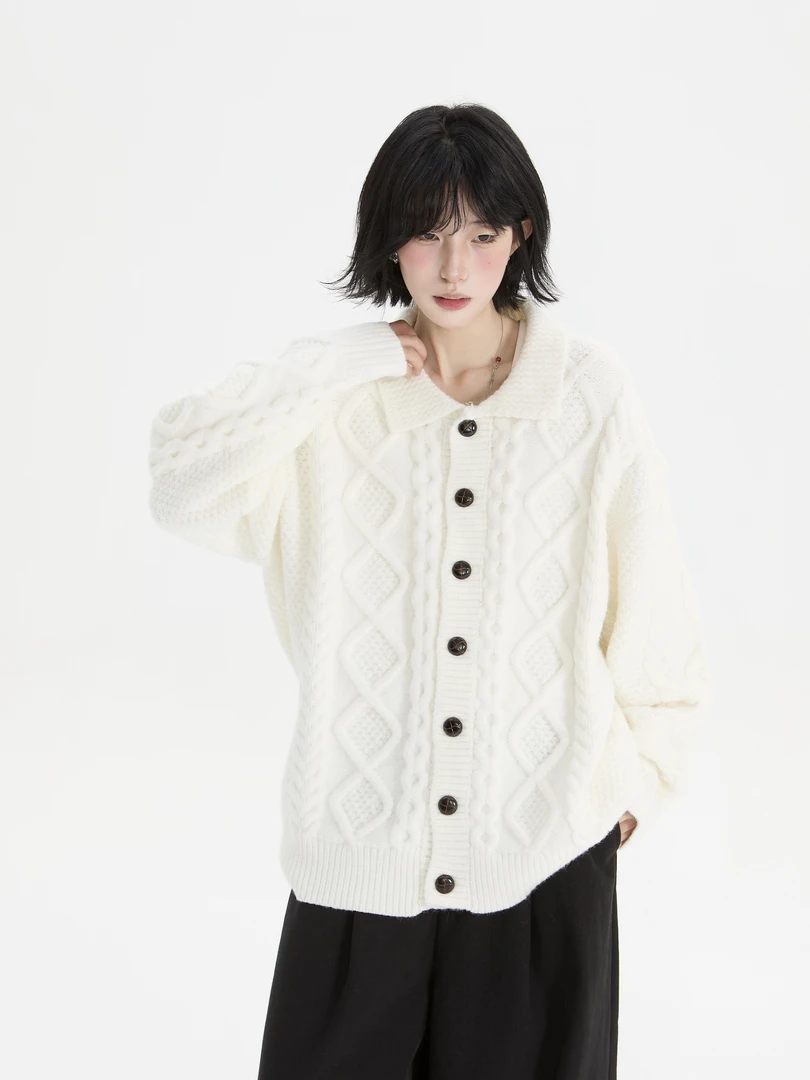 pulse cl 翻领麻花纹针织开衫高级感木质纽扣慵懒风复古毛衣外套