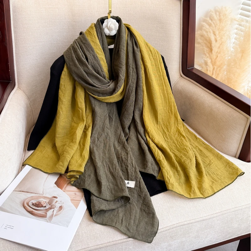 2025新款棉麻围巾女拼接撞色长款披肩文艺薄春秋季保暖护颈围脖