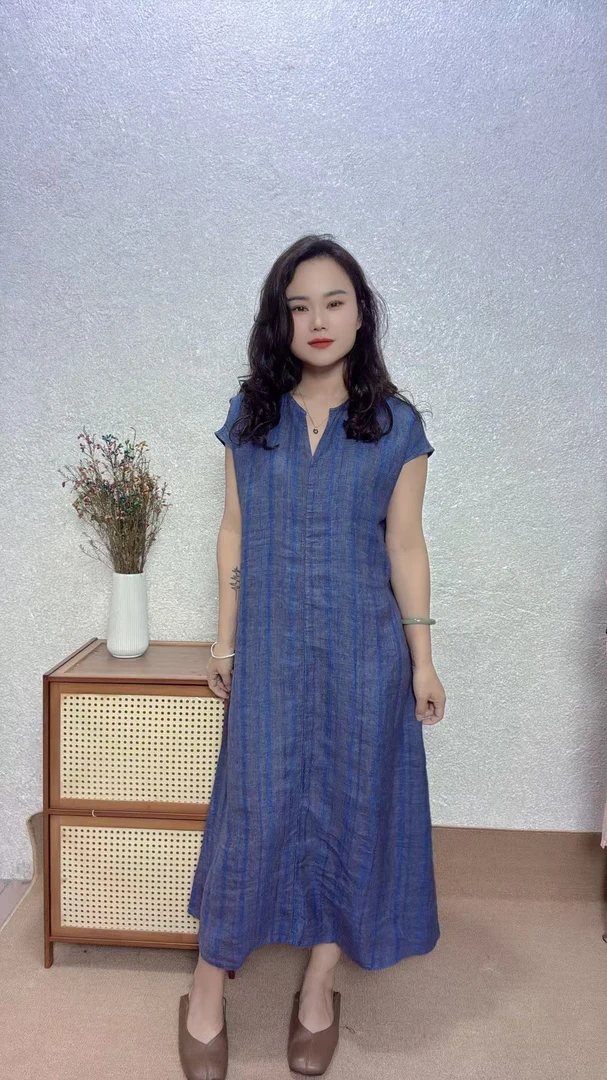 色织麻夏季连衣裙复古宽松腰提花褶皱套头中长款宽松无袖时尚