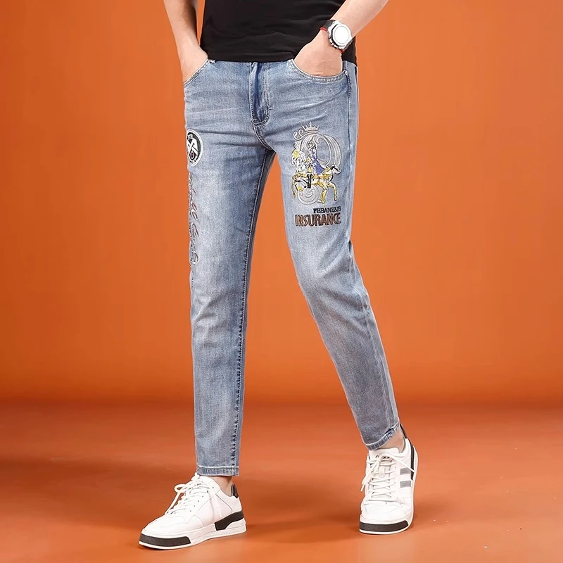 Cebrodz新款绣花裤子男款潮牌刺绣九分牛仔裤男士夏季薄款9分裤