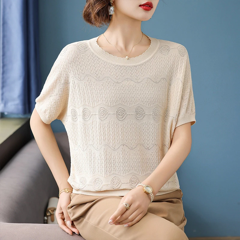 宝莲朵夏季新款短袖中年妈妈装花边领宽松T恤亮钻上衣