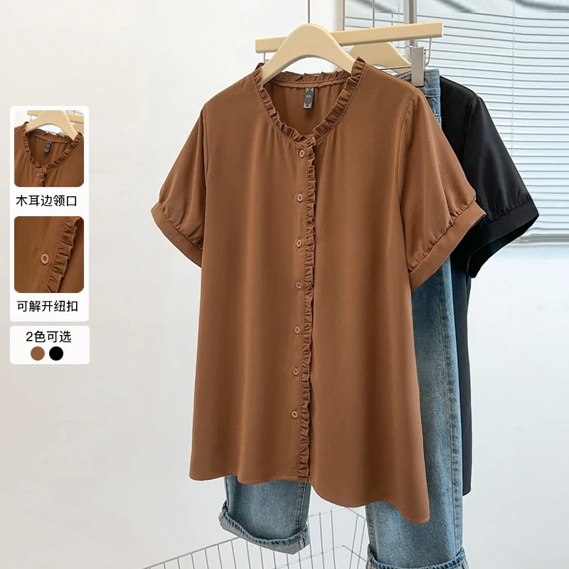 25009T加大码女款短袖雪纺衫女洋气宽松衬衫t恤遮肚子显瘦上衣女