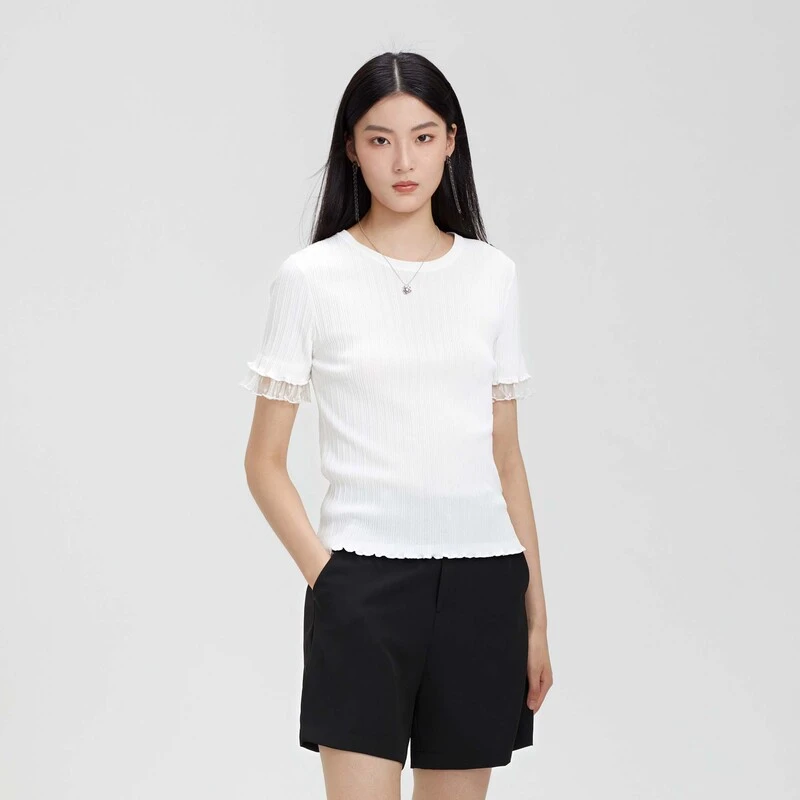 sdeer圣迪奥时尚气质女装罗纹圆领木耳边网眼修身针织衫S23283501