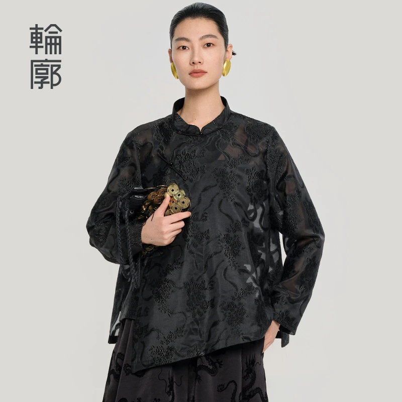 轮廓月澜中式国风衬衫立体提花休闲复古宽松上衣轻薄透气L251Y038
