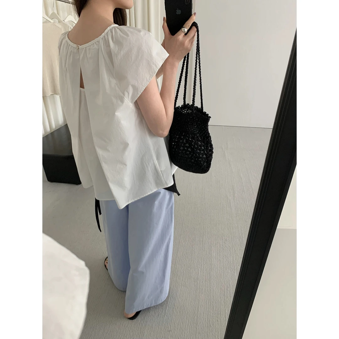 2025韩国东大门夏新款清新后背小心机设计飞飞袖衬衫上衣女