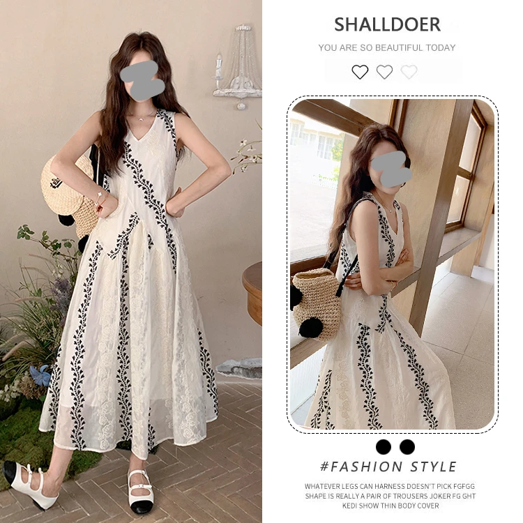 米白色民族风印花无袖连衣裙女2025夏季新款法式显瘦气质背心长裙