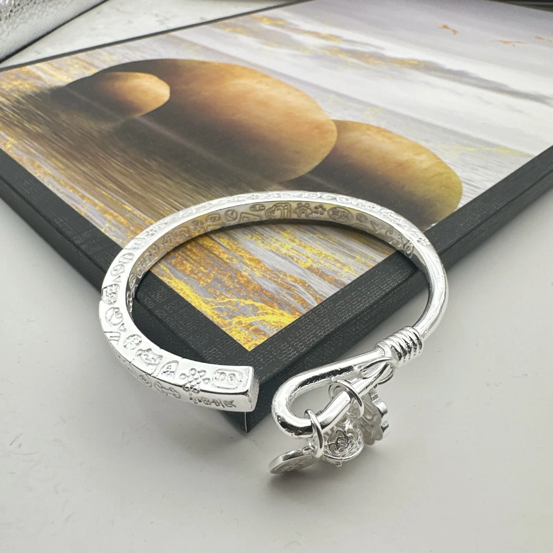 足银手镯 足银999.9手镯 1号开口亮面贵妃心经吉言精美实心镯子