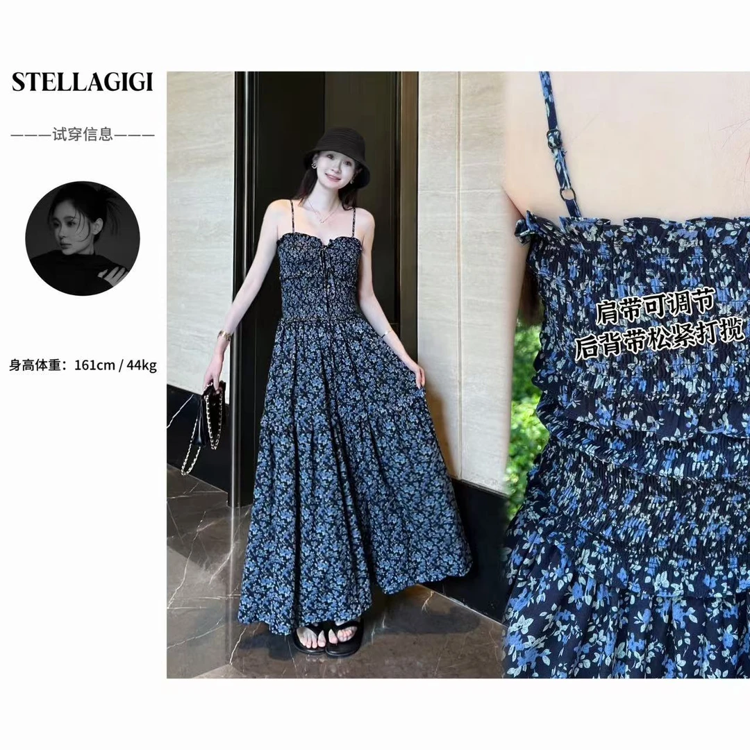 SG / 郭幂幂 SS 夏日蓝调！法式碎花显瘦蝴蝶结吊带裙Q-20250390