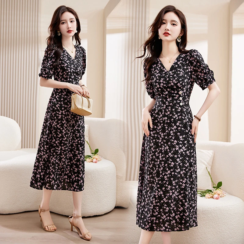 夏季连衣裙夏季复古碎花2025收腰裙过膝长裙城市轻运动风时尚洋气