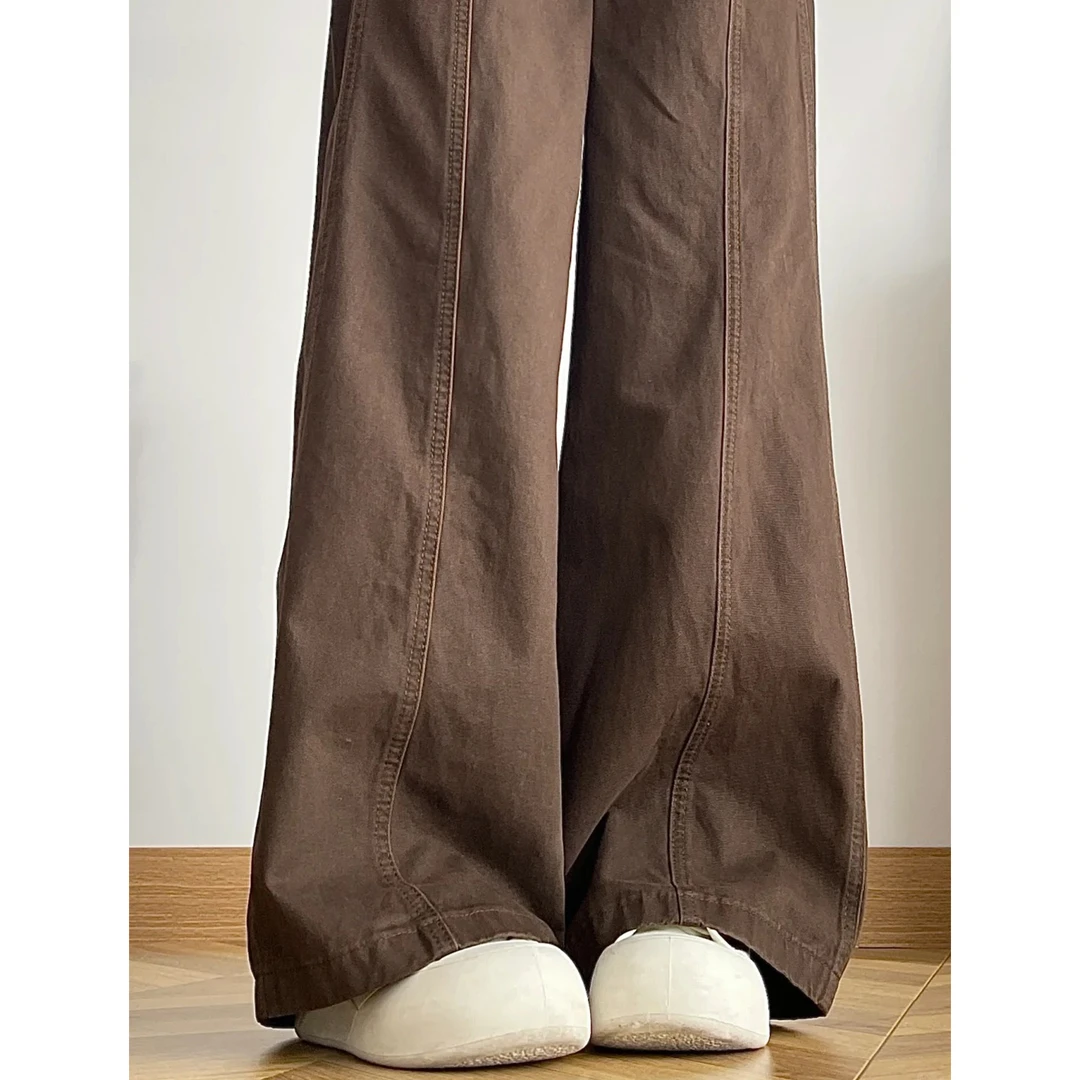 美拉德棕色弯刀裤女秋季大码胖mm梨型身材高腰宽松显瘦阔腿牛仔裤