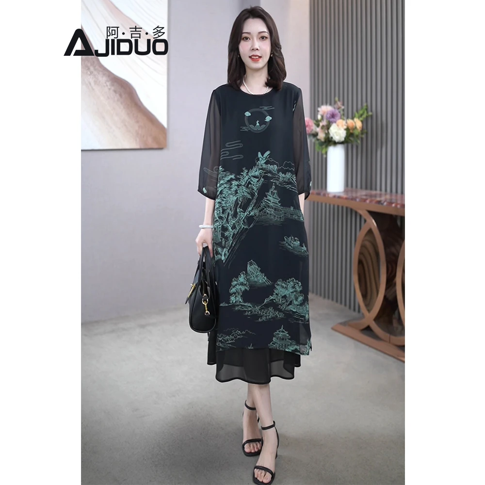 气质风景画印花七分袖连衣裙2025新款大码显瘦中老年妈妈装中长裙