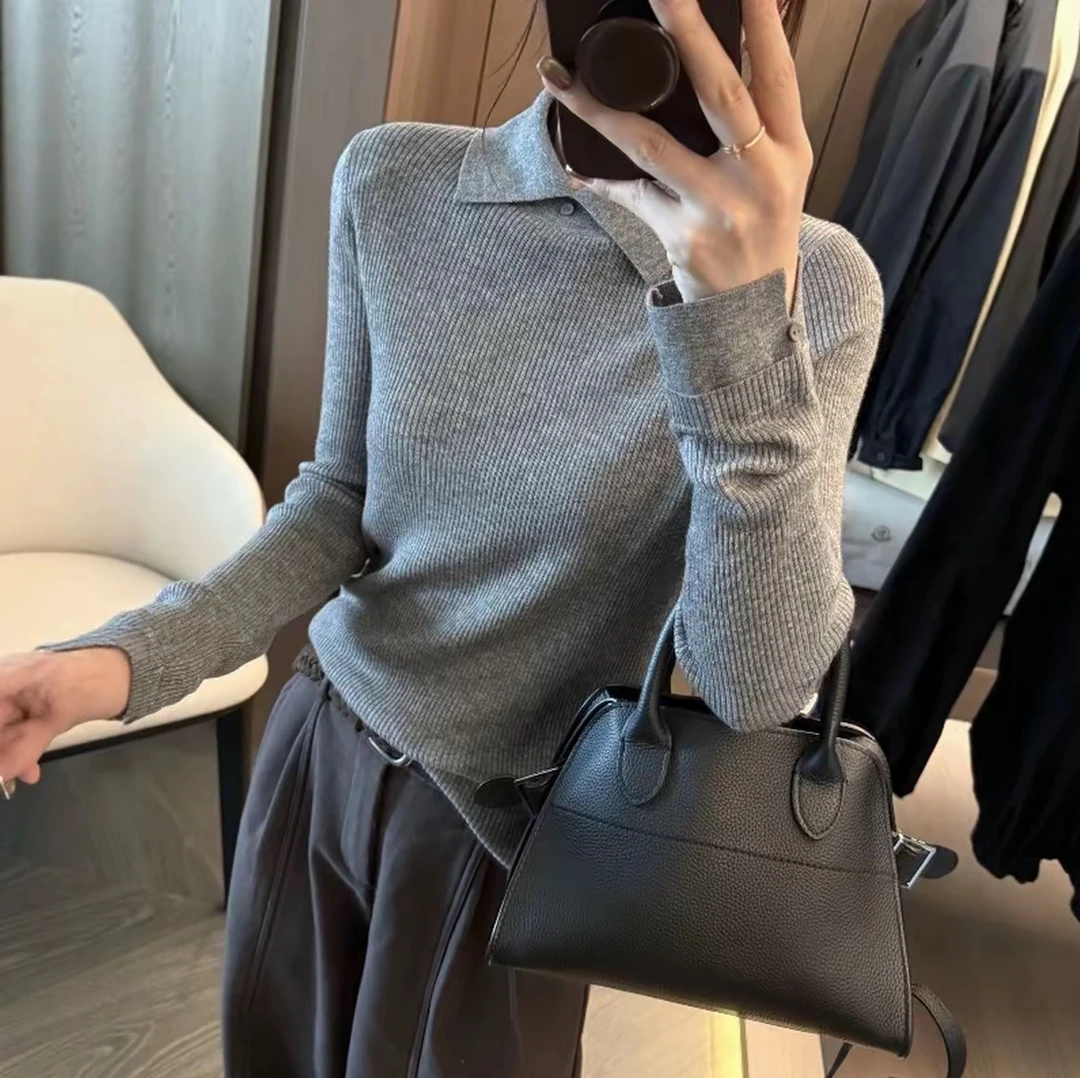 【超细绵羊毛现货现发】通勤小翻领百搭秋冬针织衫女打底毛衣2025