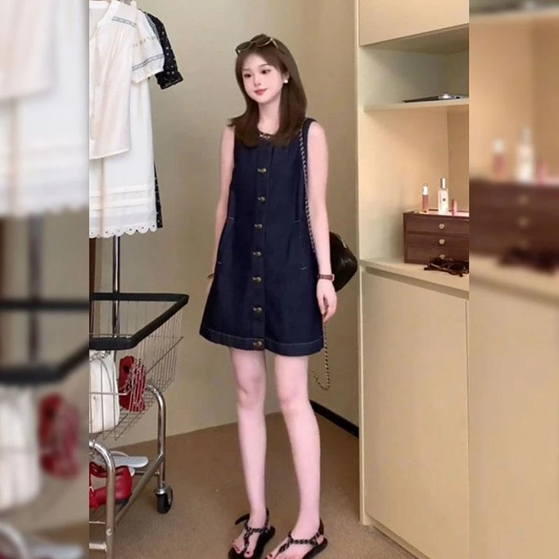 FUGN1 RI小个子牛仔无袖连衣裙夏季新款设计法式短裙宽松无袖裙子