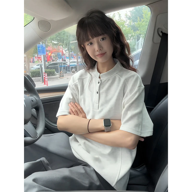 美式老钱风男士POLO衫短袖亨利领boxy版型休闲t恤痞帅情侣ins半袖