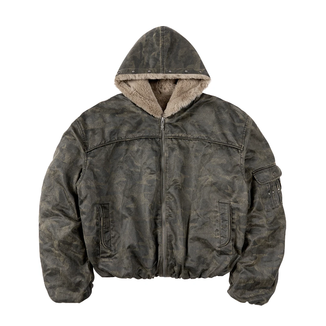 SGWCULT「浮雕迷彩」绒蜡感洗褪做旧迷彩廓形加绒冬季棉服Bomber