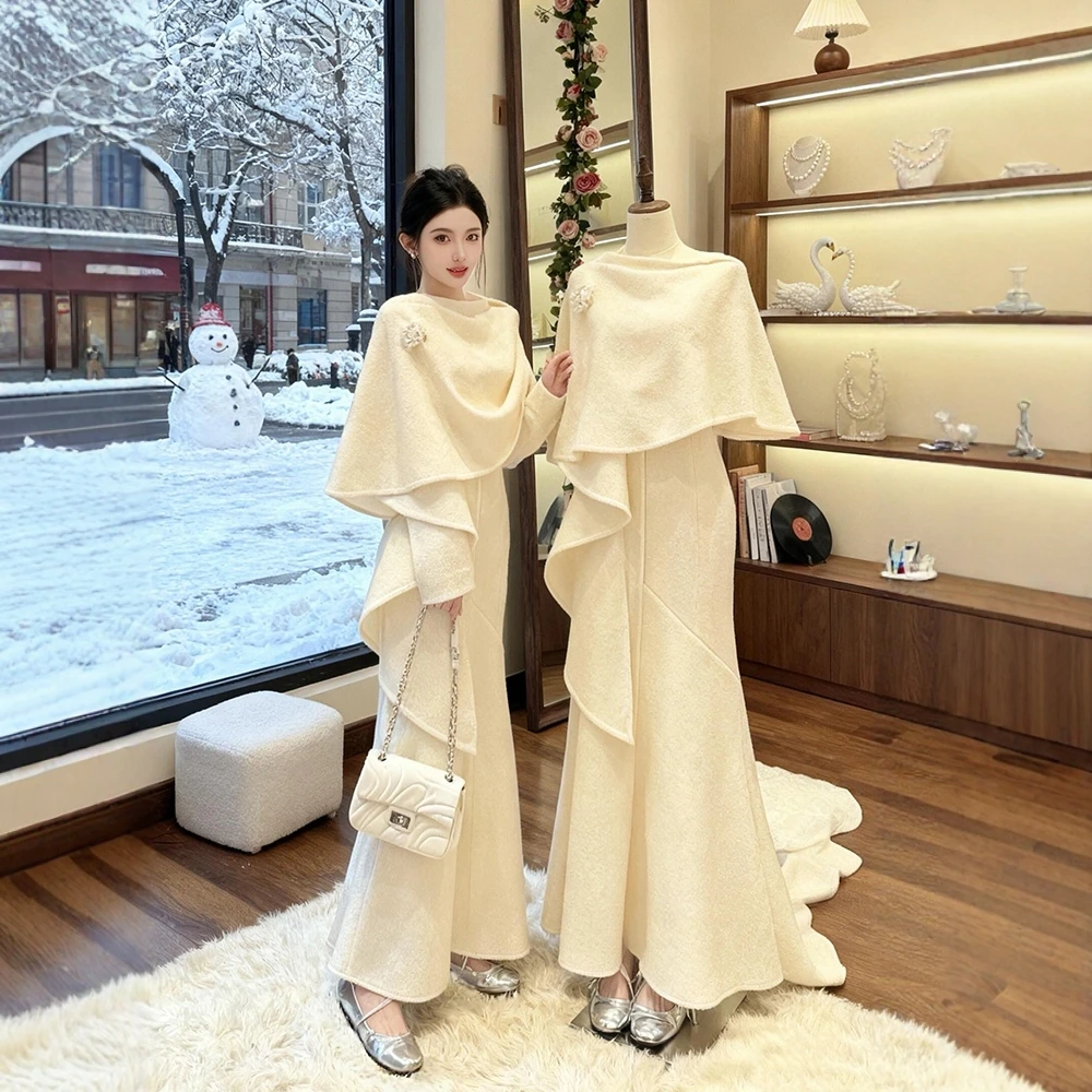 韩系一整套深冬穿搭小香风气质斗篷披肩外套鱼尾连衣裙巨好看套装