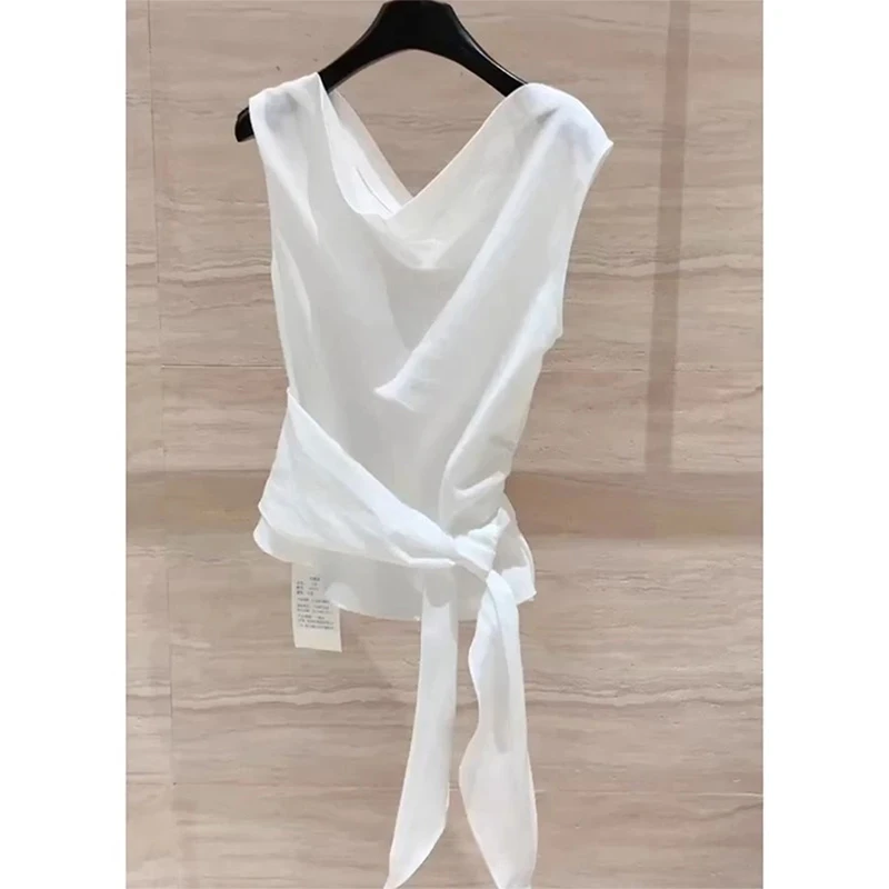 法式复古气质不规则荡领上衣女夏季2025新款时尚收腰系带无袖背心