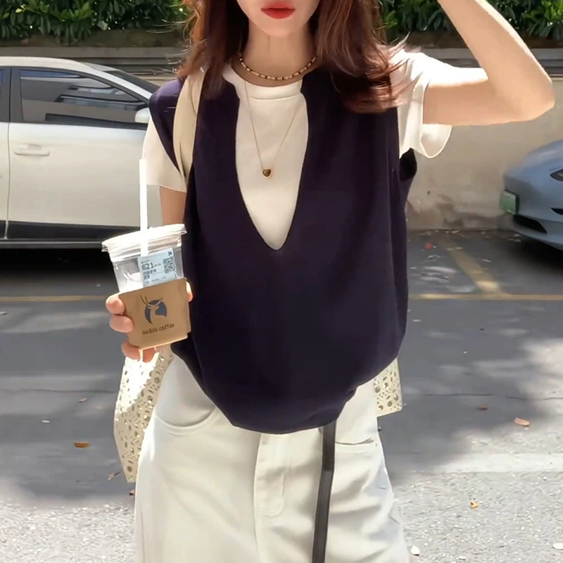 韩系高级感休闲套装女夏季新款短袖T恤简约百搭针织马甲两件套潮