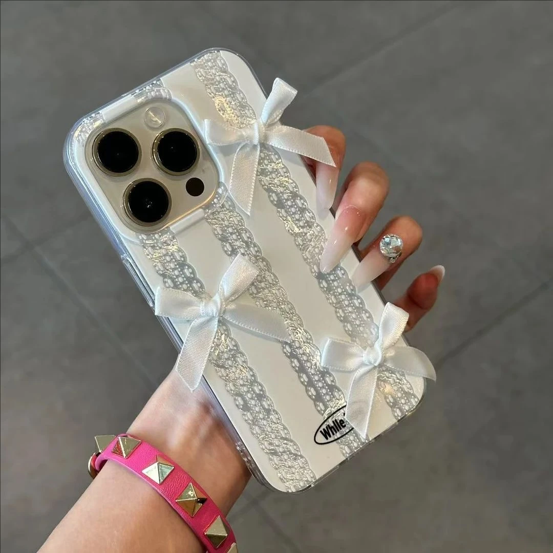 竖条蕾丝蝴蝶结适用iPhone15/16漩涡壳ins风少女心华为Pura80pro