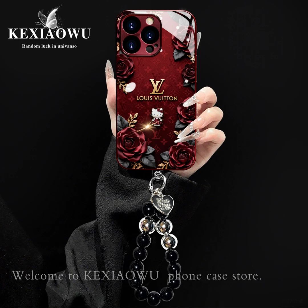 酒红电镀玻璃老花玫瑰KT适用苹果oppo华为vivo小米手链手机壳