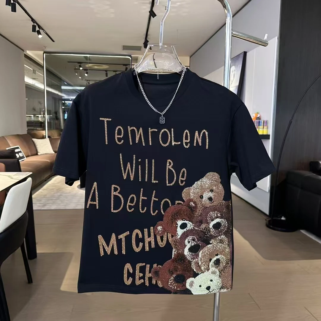 字母小熊T恤重工烫钻潮牌圆领半袖网红时尚情侣百搭宽松短袖