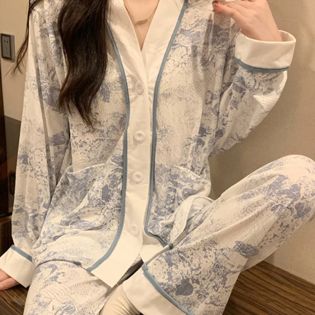约蒂宾弗长袖睡衣女春秋棉质甜美纯欲风v领渐变开衫家居服两件套
