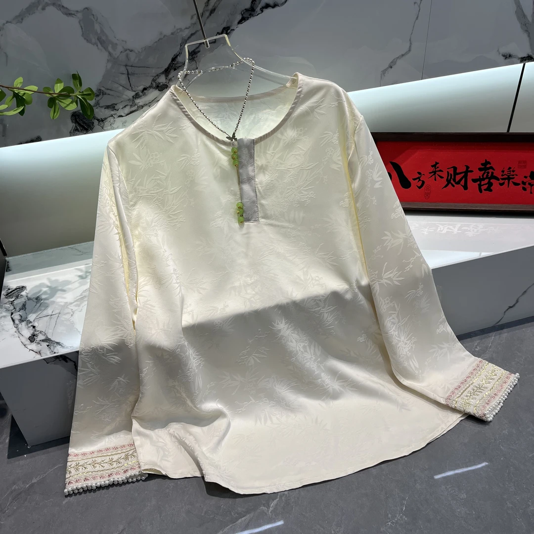 新中式国风缎面衬衫女宽松显瘦印花圆领上衣打底