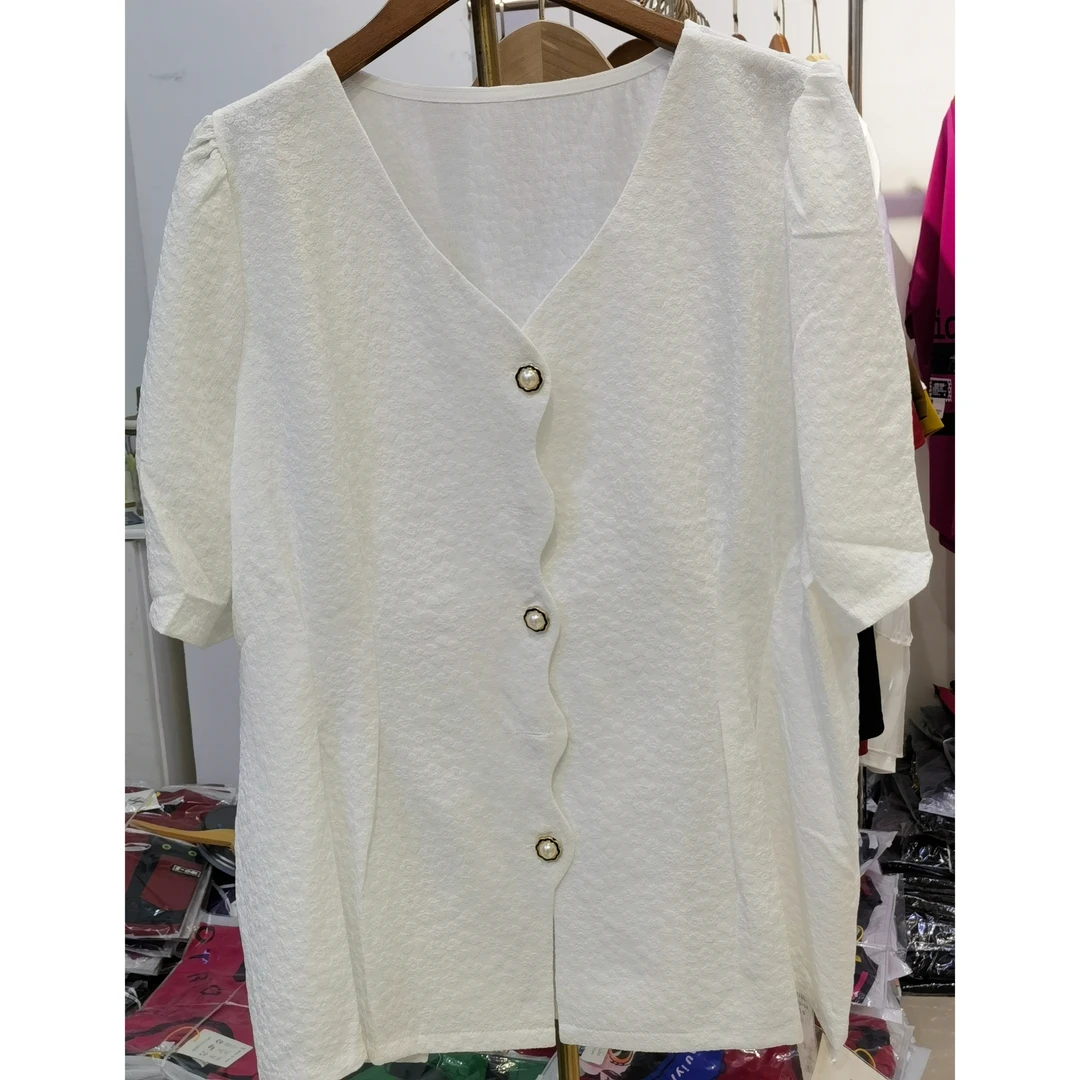 095款v领提花重工夏季短袖开扣小衫