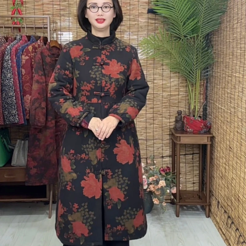 〈长棉衣〉印花斜纹棉立领盘扣长袖长款外套加厚加长棉衣妈妈装2483