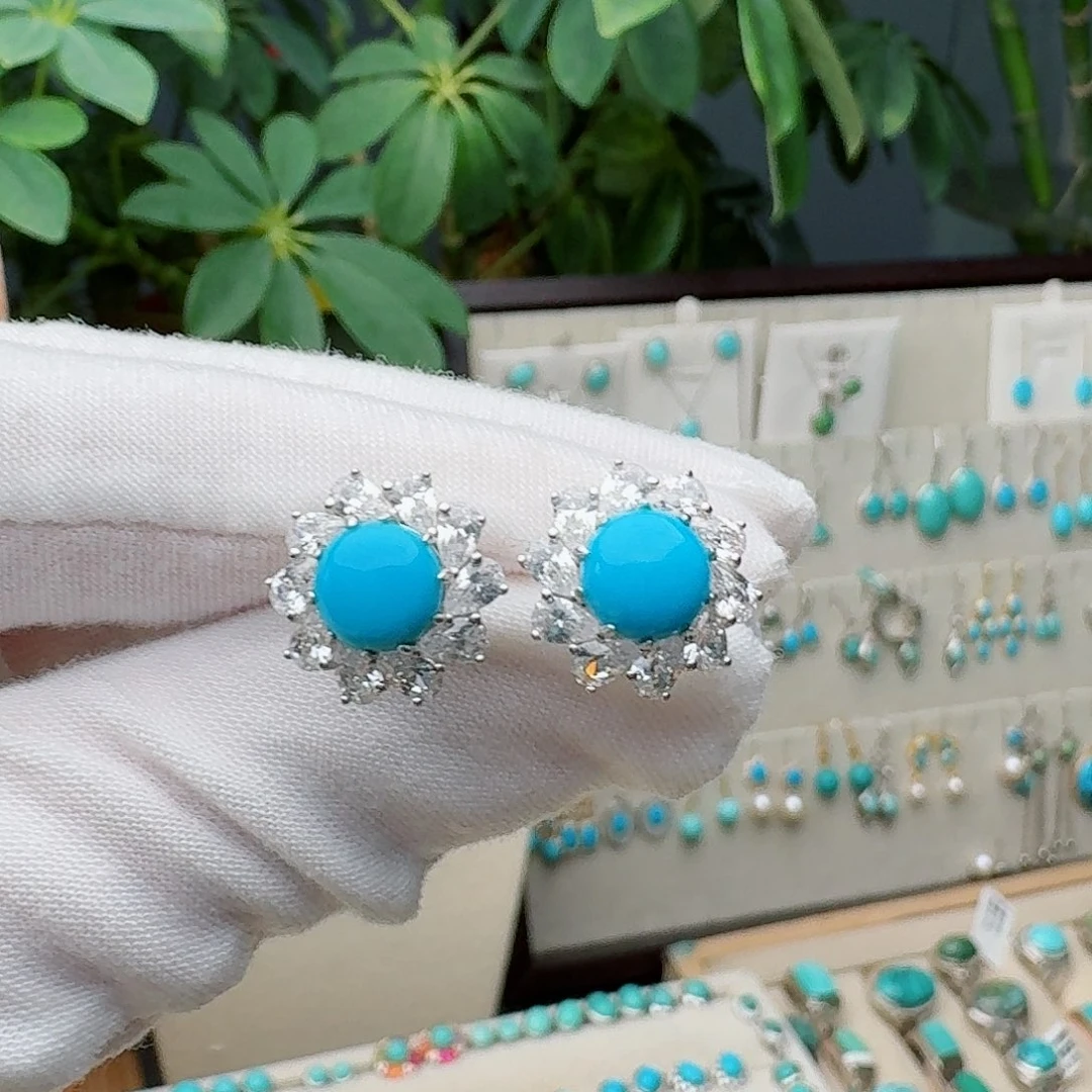 绿松石银S925镶嵌耳饰耳钉