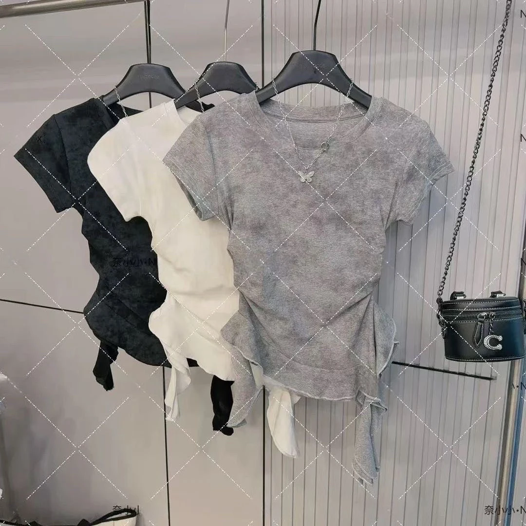 美式辣妹气质扎染短袖t恤女夏新款修身显瘦不规则短款洋气上衣潮