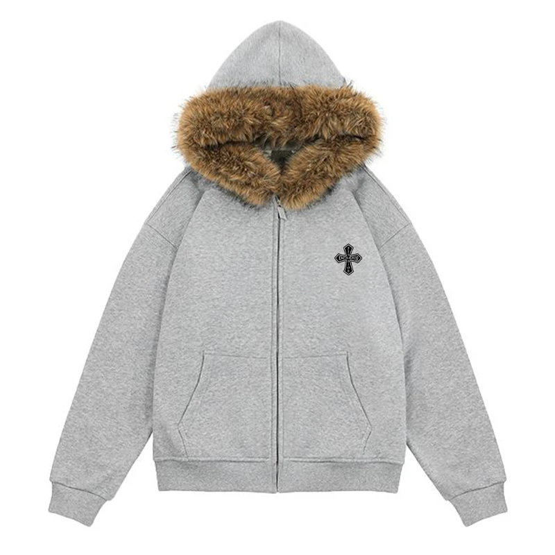 jtrt潮牌设计感高街毛领连帽卫衣男女秋冬潮牌加绒复古风上衣外套