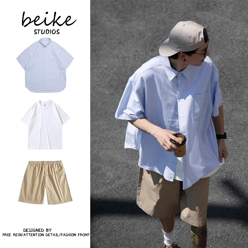 宽松/单件日系复古休闲穿搭蓝条纹衬衫男女学院风夏季ins衬衣套装