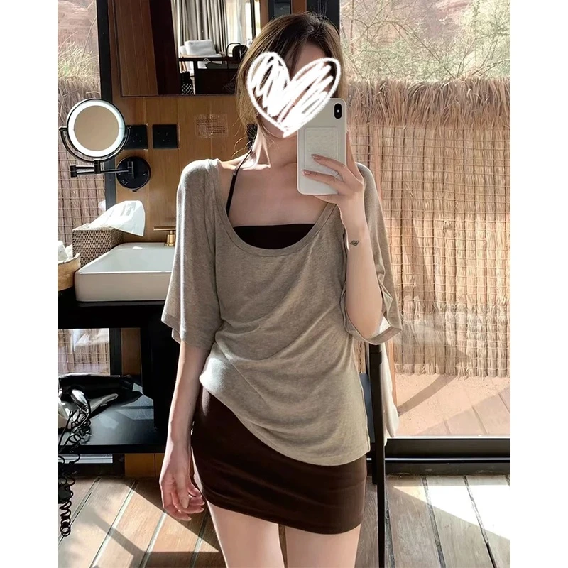 美式网红洋气衣服炸街女装u领短袖T恤夏季宽松显瘦背心睡衣两件套