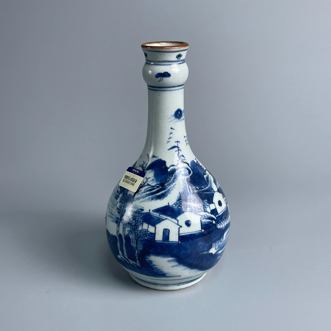 瓷器/古董乾隆青花山水纹蒜头瓶M25B6001888古玩收藏/文物/绣花张