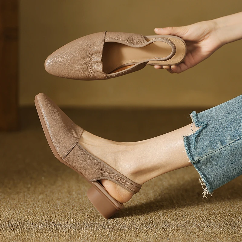 头层羊皮舒适包头凉鞋女 3cm法式真皮时装夏季后空百搭软底女鞋子