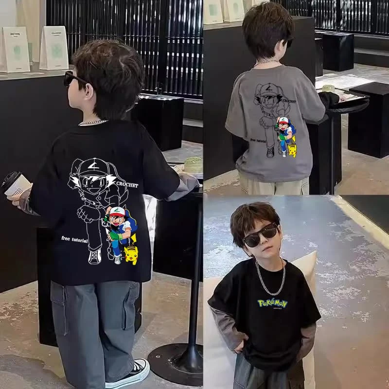 秋季男童长袖宽松韩版中小学生纯棉T恤动漫皮卡丘新款假两件上衣