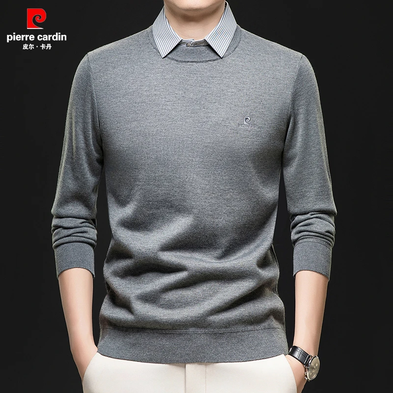 皮尔卡丹正品高端羊毛衫假两件男士衬衫领加绒加厚保暖针织毛衣衫