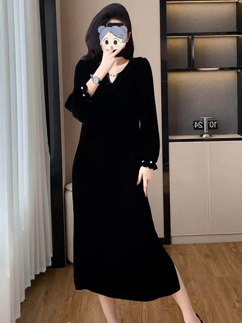 大码法式轻奢宽松遮肚长袖黑色连衣裙胖mm秋冬高雅减龄显瘦黑长裙