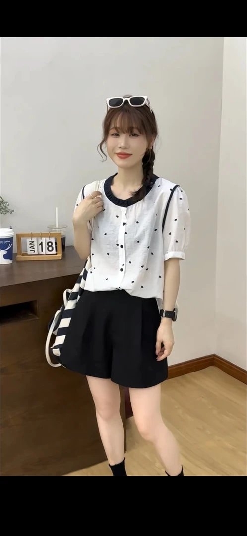 邹先森6391-30夏季休闲小衫时尚撞色爱心波点单排扣短袖显瘦